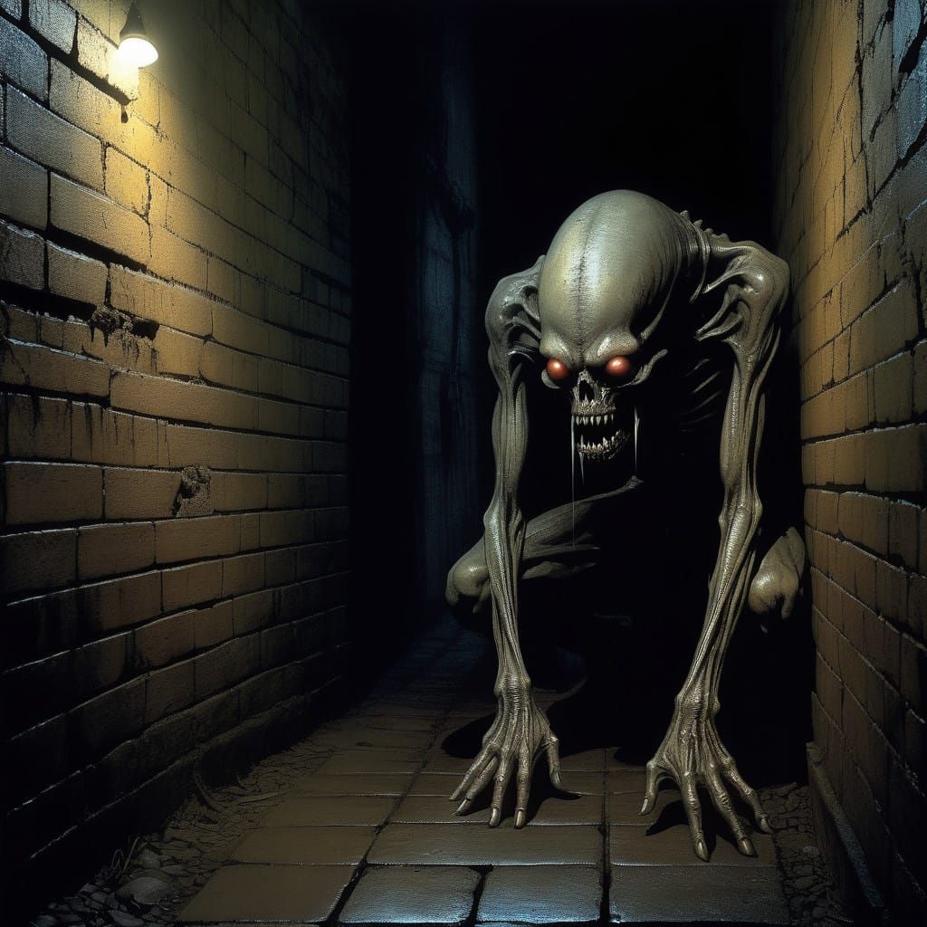 Cowering Figure Hides from Biomechanical Horror