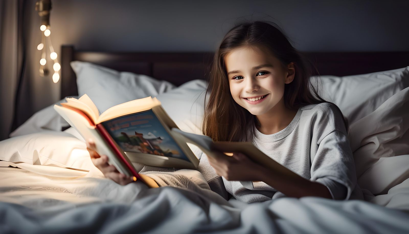 Smiling Dark-Haired Girl Reading in Bed