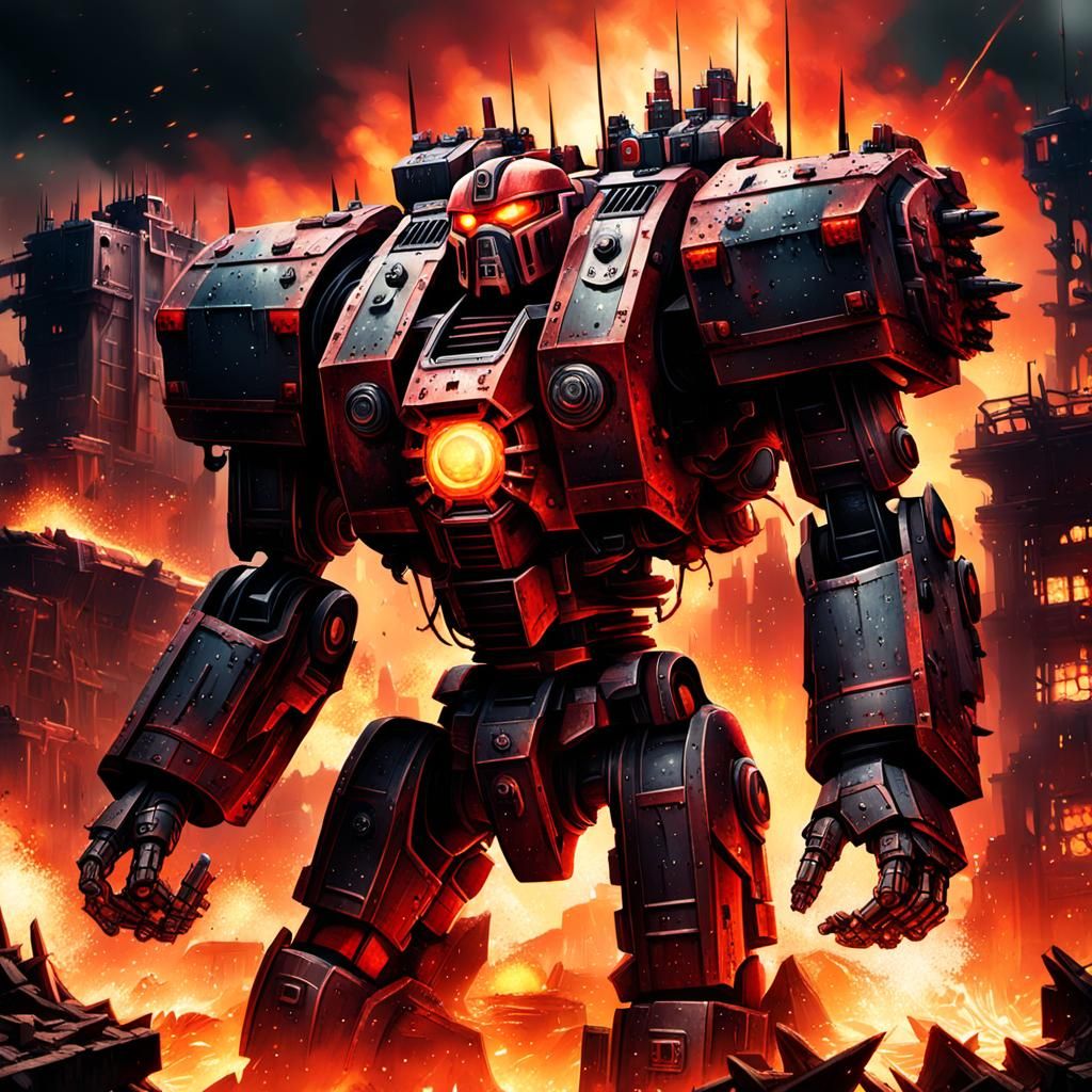Warhammer 40k Mecha Battle in Grimdark Cityscape