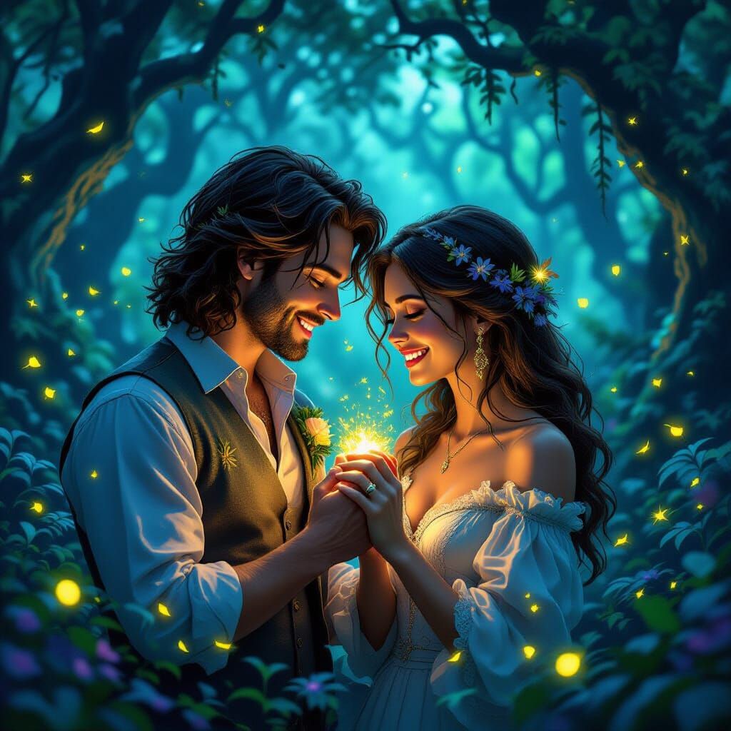 Whimsical Couple in Bioluminescent Fantasy Forest