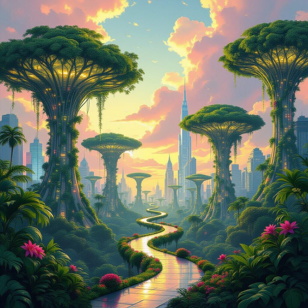 Futuristic Cityscape of Living Tree Buildings