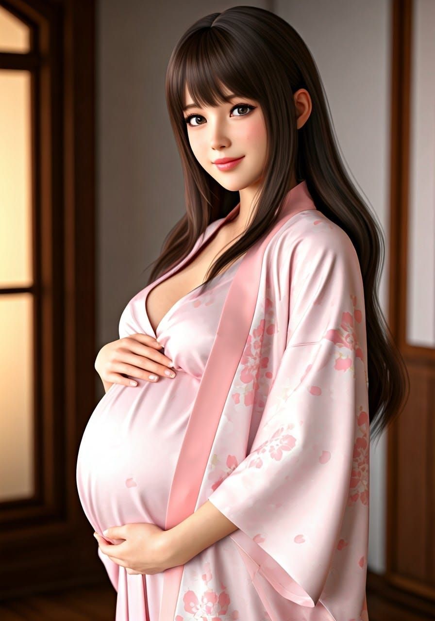 Smiling Pregnant Woman in Kimono: 3D Anime Art
