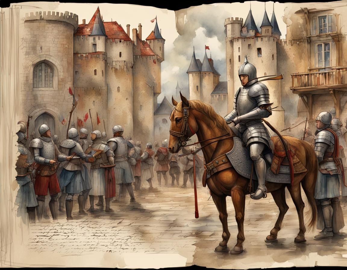 Medieval Market with Knight in Watercolor Diorama Style