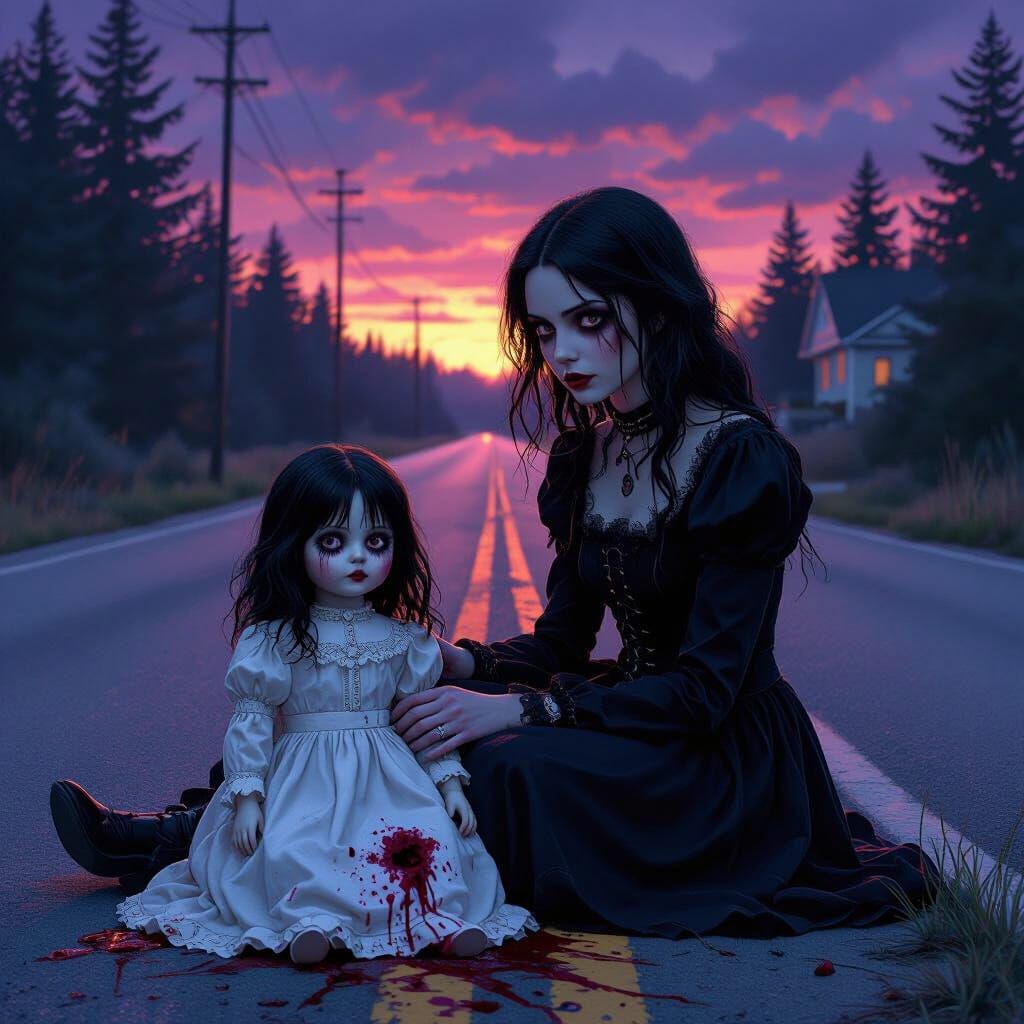 Gothic Woman at Crossroads: Matte Painting Style