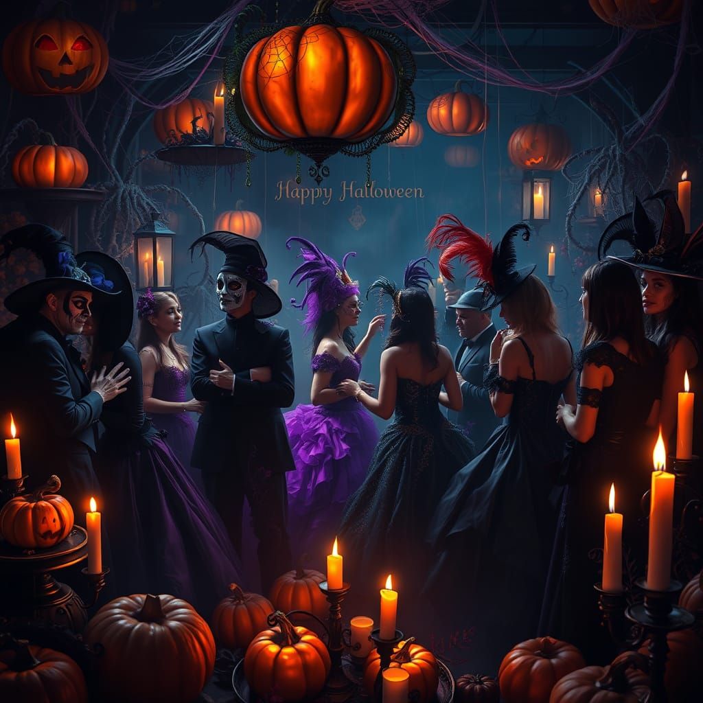 Vibrant Halloween Masquerade Party in Dark Whimsical Style