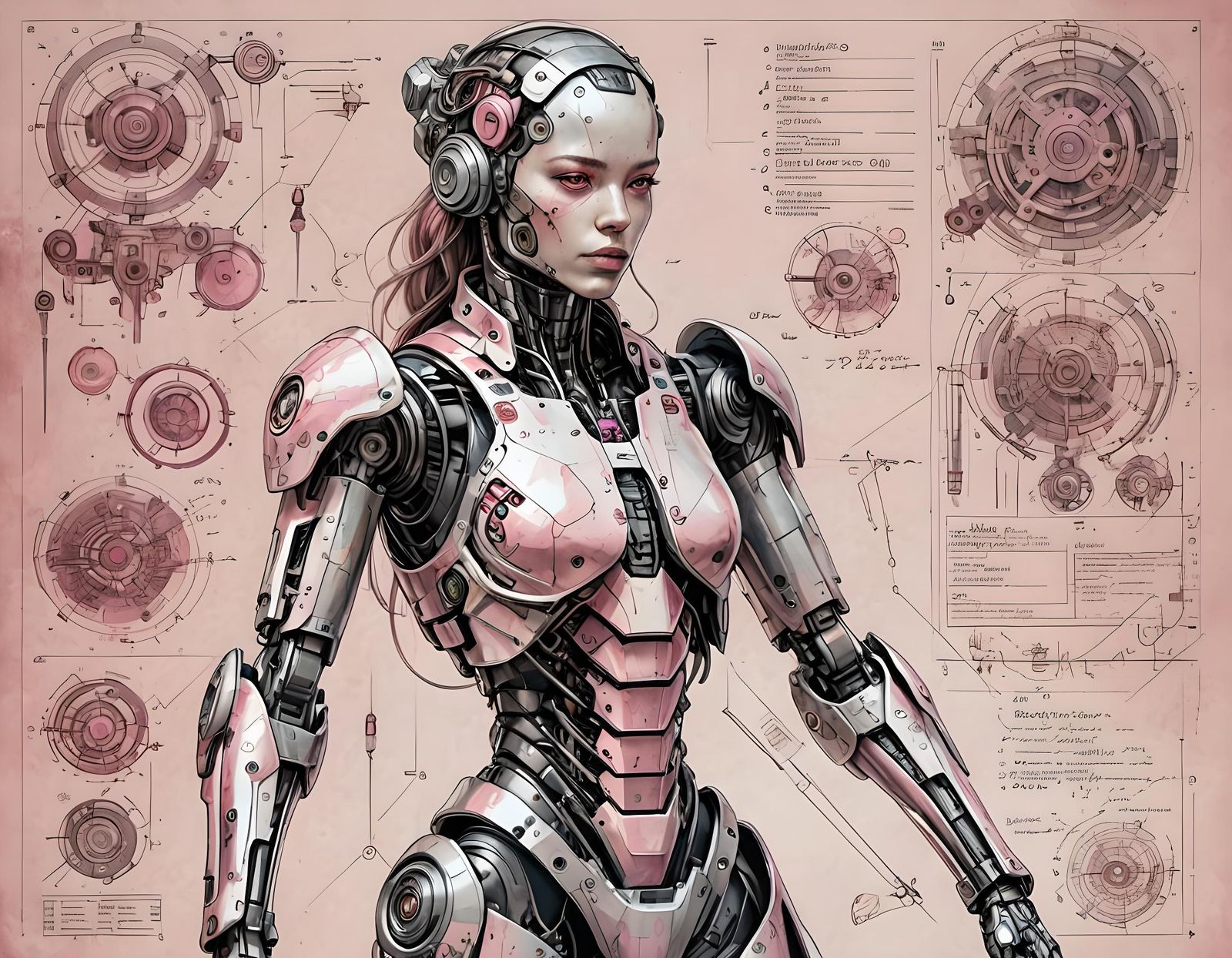 Detailed Schematic of a Female Cyborg in Technical Drawing S...