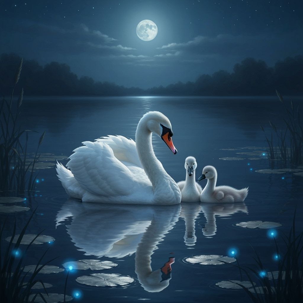 Ethereal Oil Painting of Swans and Cygnets on Moonlit Lake