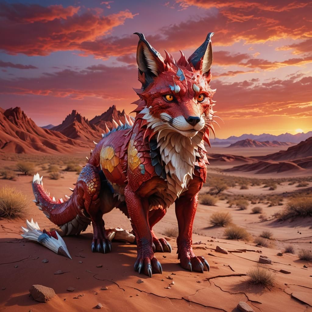 Red Dragon Fox in Red Desert: Hyperrealistic Art
