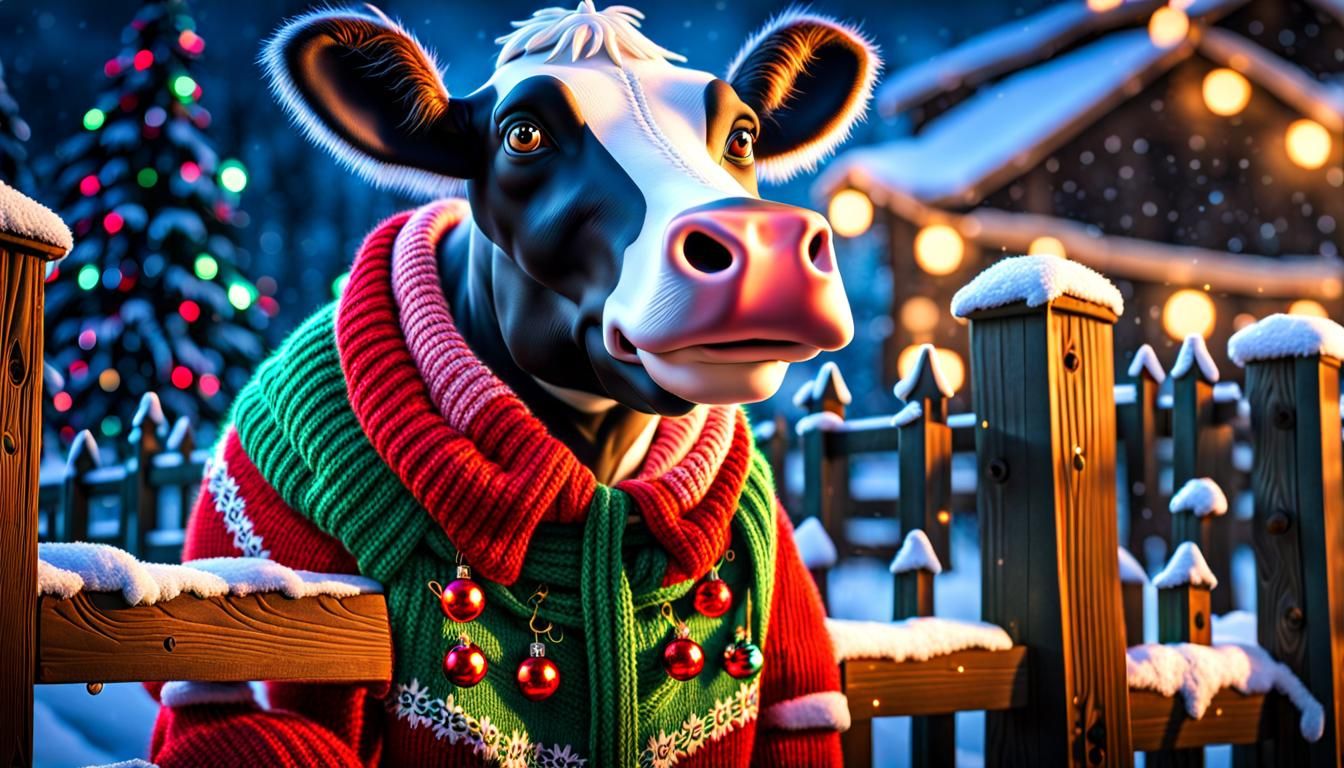 Cow in Christmas Sweater Decorating Fence