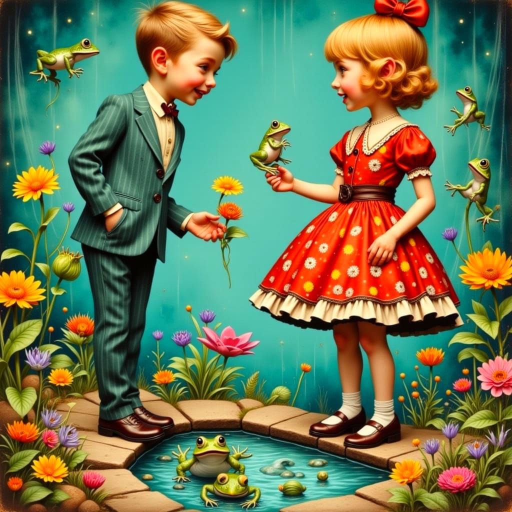 Whimsical Retro Gothic Children Laugh at Frogs in a Turquois...