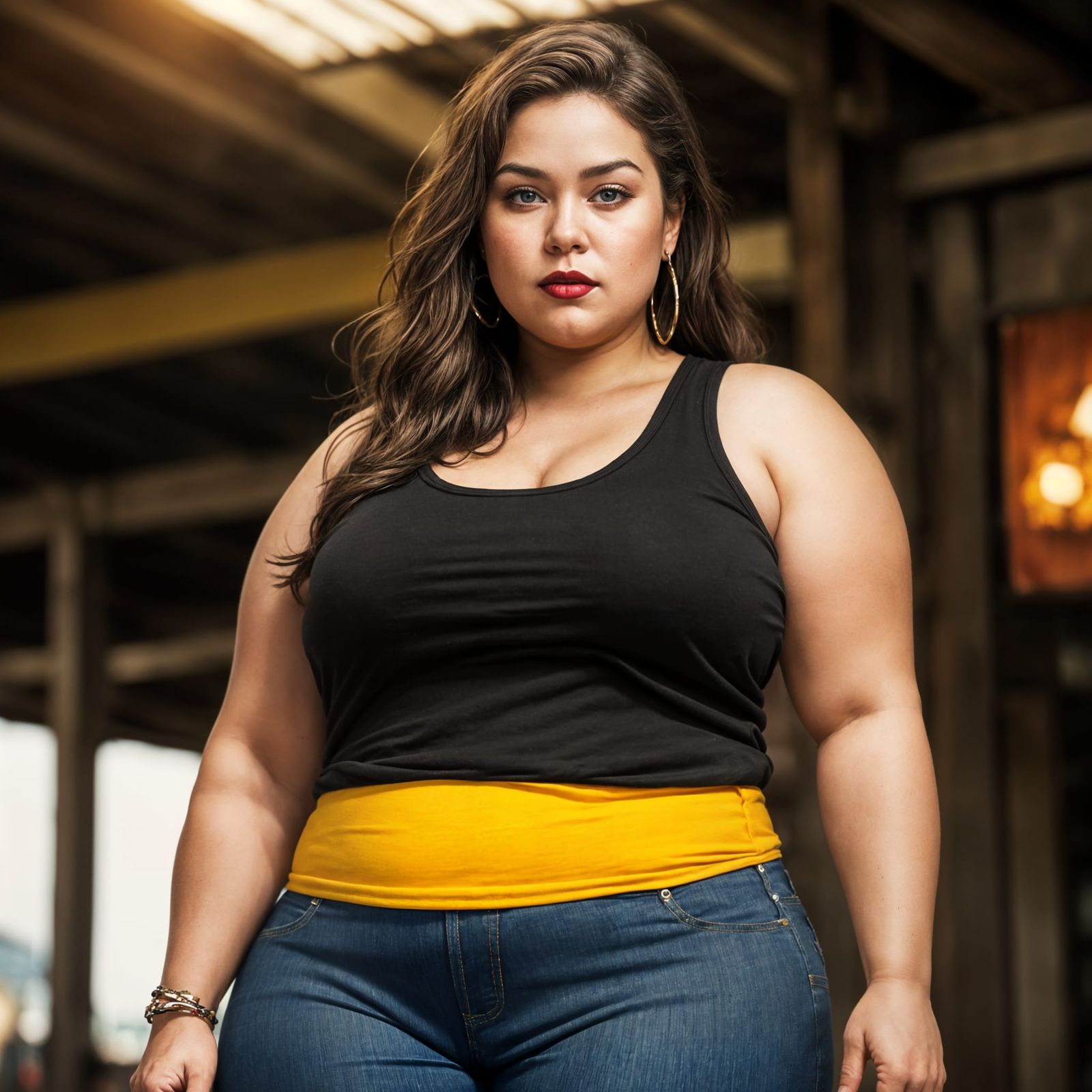 Plus-Size Woman in Red Tank Top, Hyperrealistic