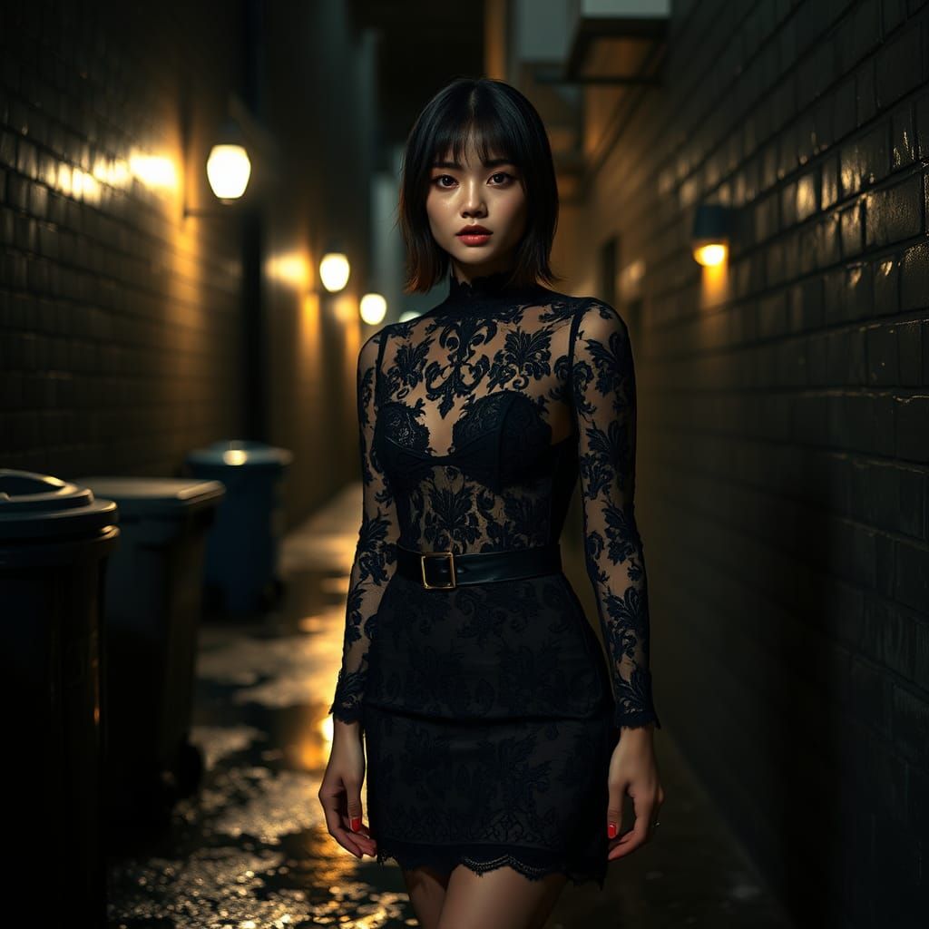 Japanese Supermodel in Alleyway: High Fashion Photography