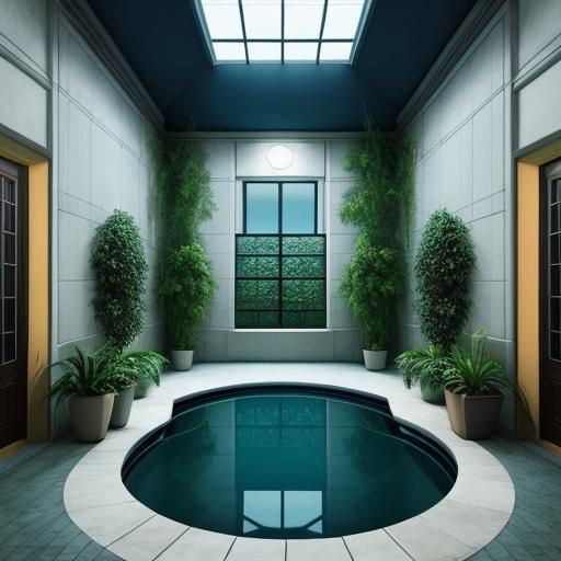 Vaporwave Tiled Room with Pool at Night