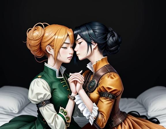 Kemono Twin Sisters Kissing in Steampunk Manga Style