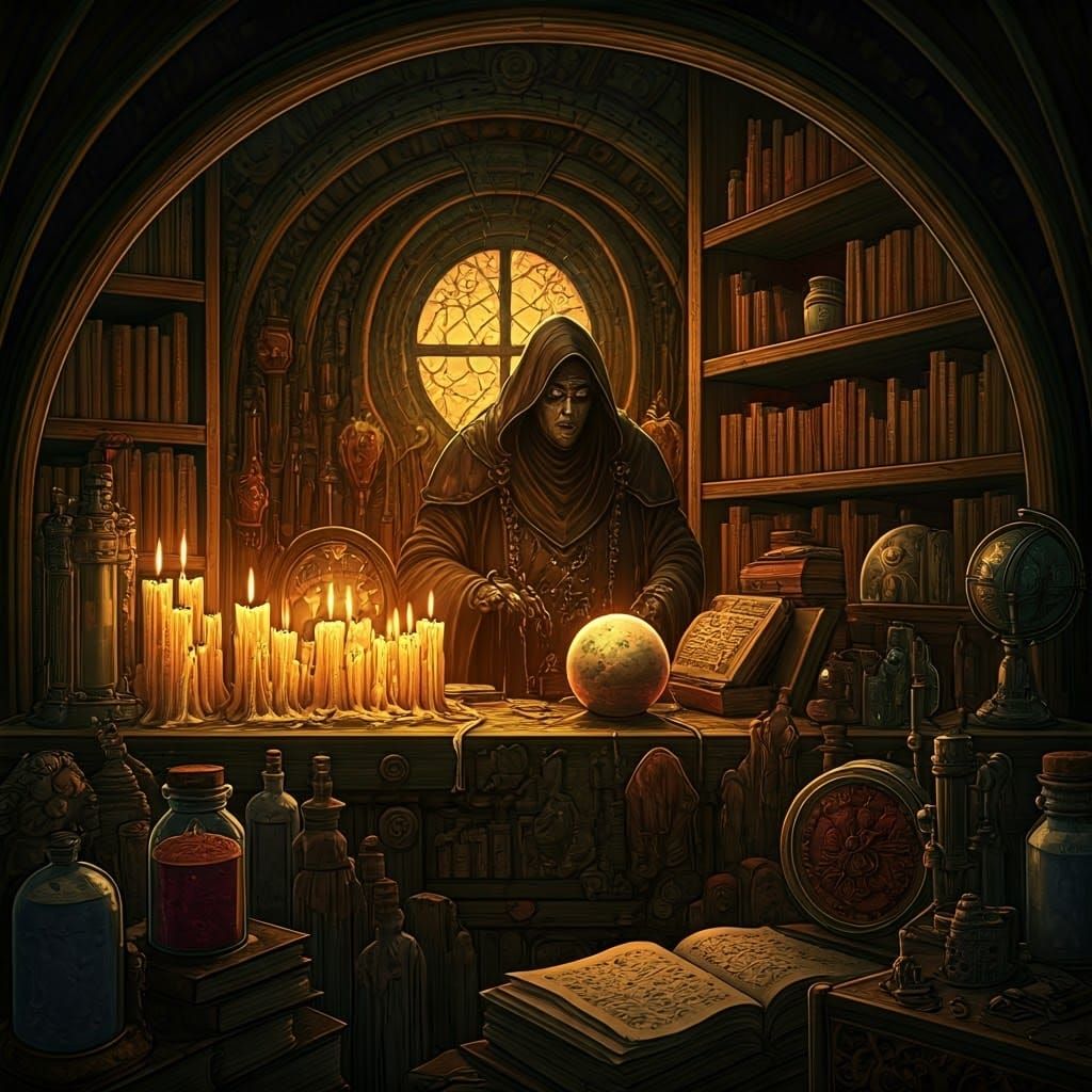 Mystical Wizard's Sanctum in Dark, Biomechanical Realism