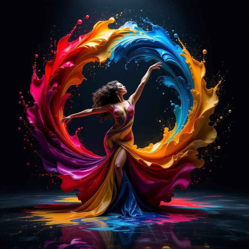 Woman Encased in Swirling Liquid Paint, Vibrant Hues