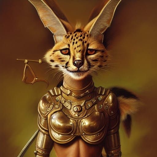 Anthropomorphic Serval Goddess of War in Oil Painting Style