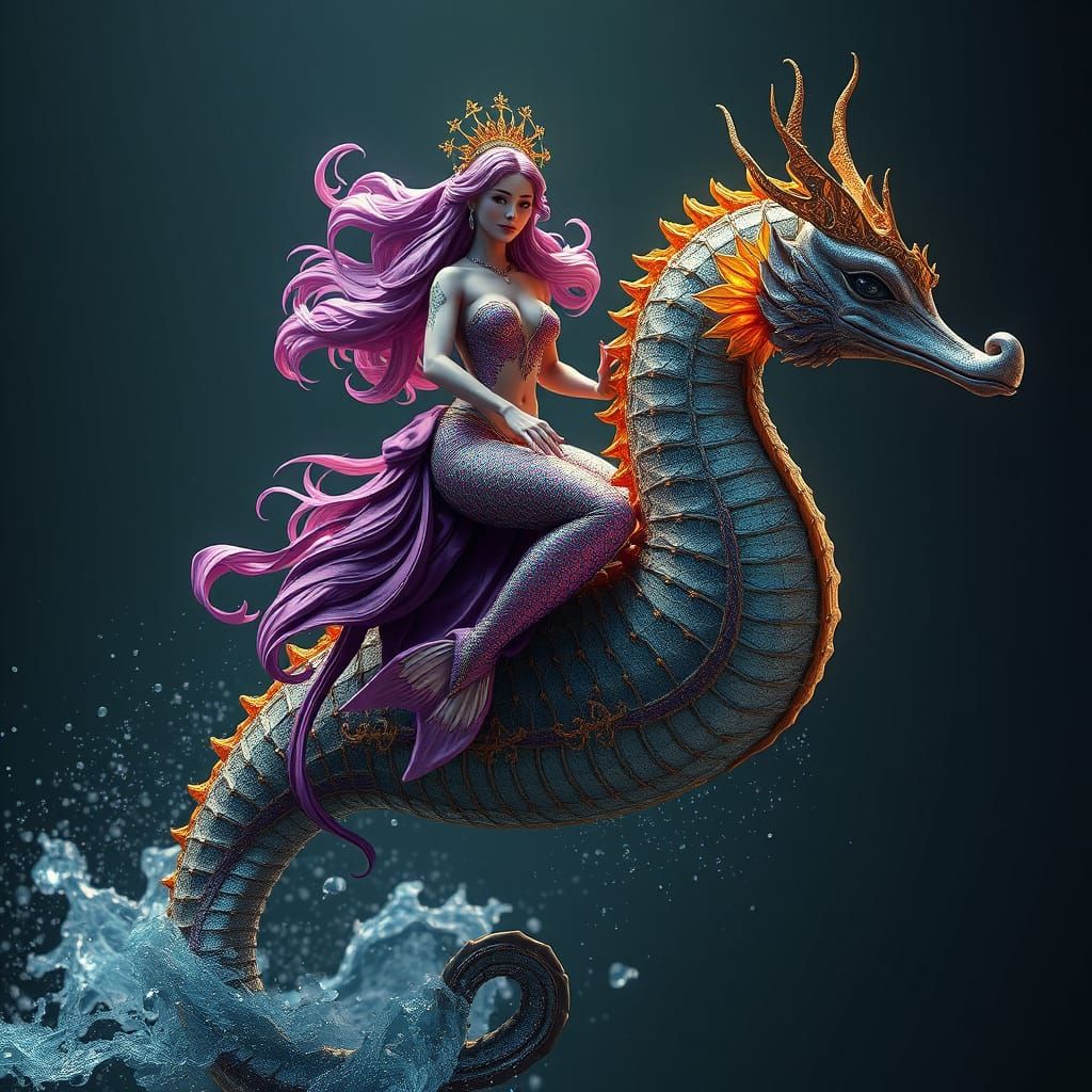 Surreal Mermaid Rides Majestic Seahorse in Dark Fantasy 4K A...