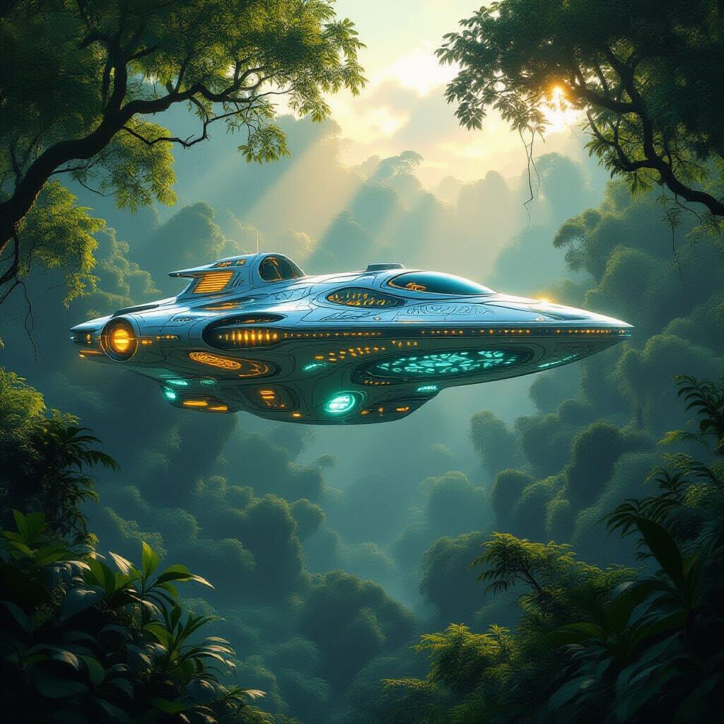 Bioluminescent Spaceship Over Ancient Forest Canopy