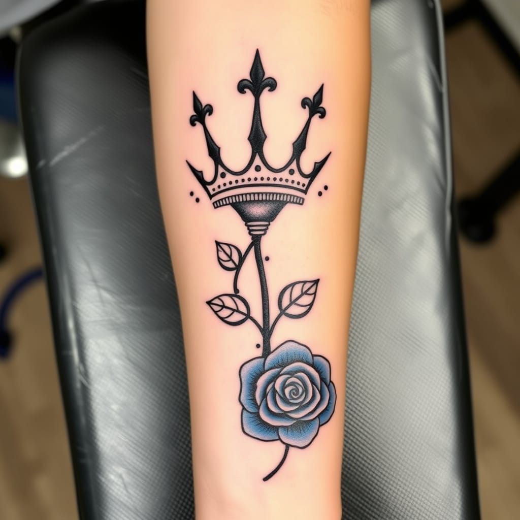 Tribal Tattoo with Crown and Blue Rose Design