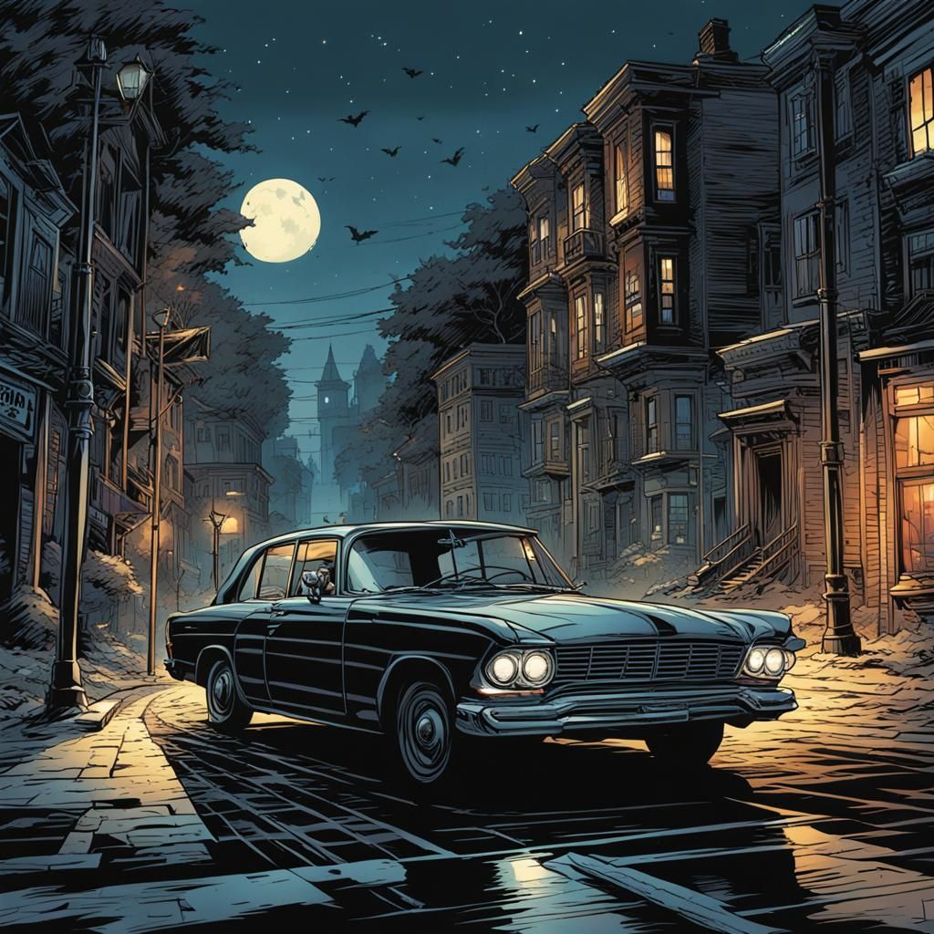 Night Car Scene in Comic Book Style