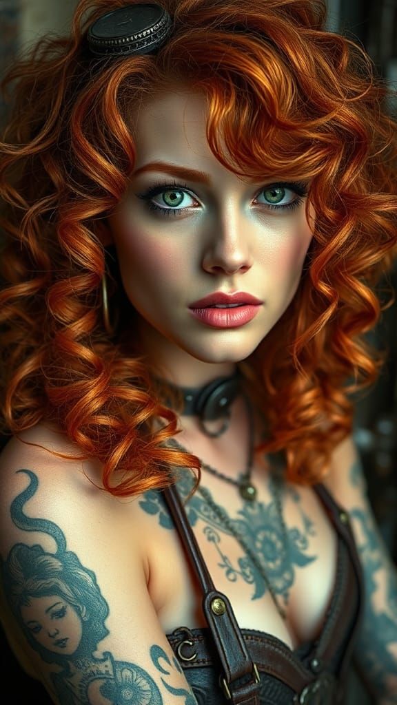 Steampunk Woman with Copper Hair and Tattoos