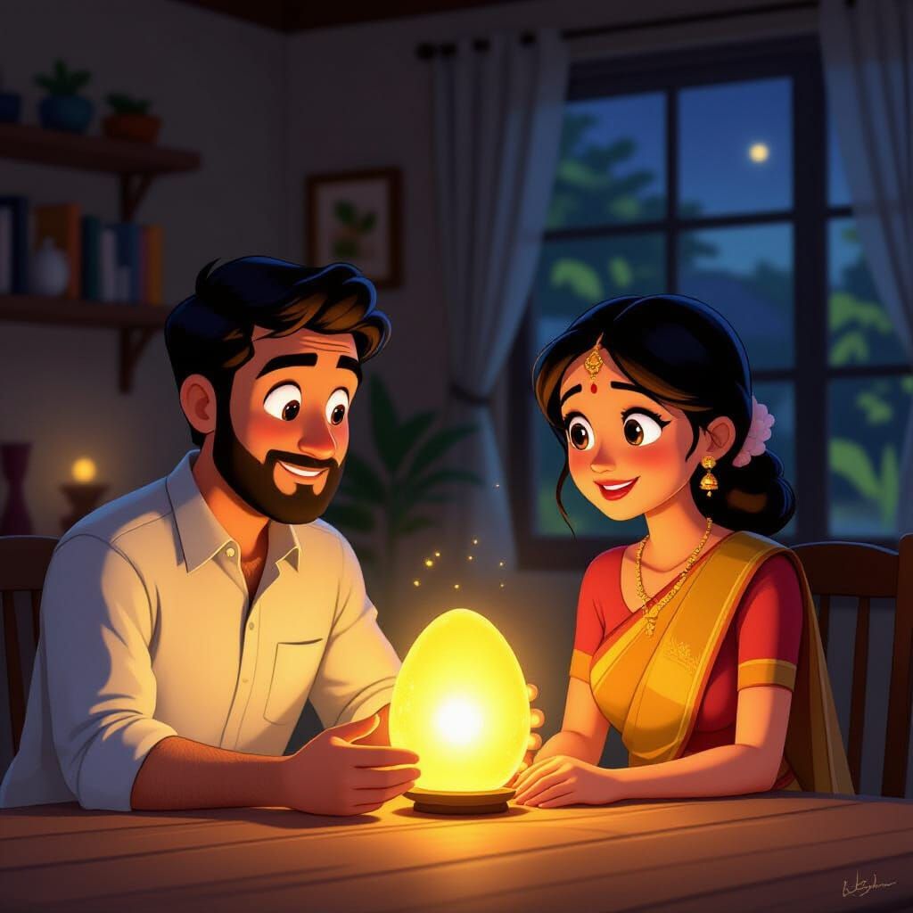 Couple Discovers Glowing Golden Egg in Cozy Indoor Scene