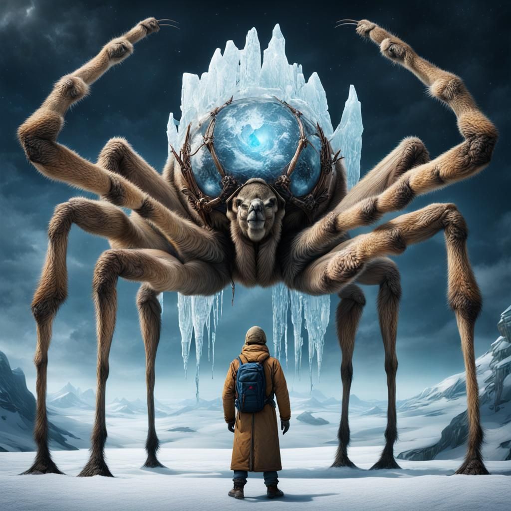 Eerie Humanoid Camel Spider on Icy Backdrop