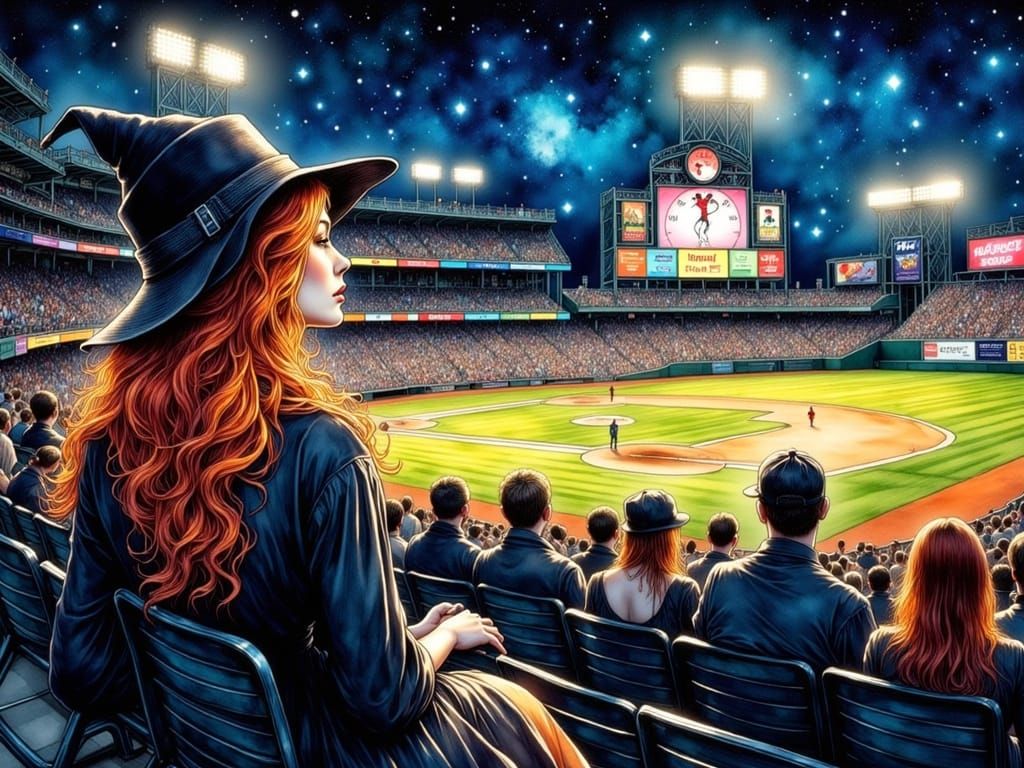 Vampire Queen at Baseball Game: Detailed Ink Illustration