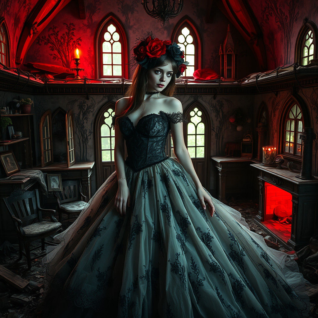 Gothic Ballgown in Abandoned Dollhouse: Dark Fantasy