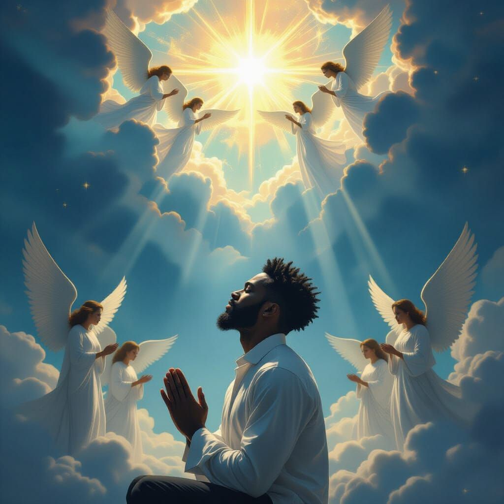 Black Man in Prayer with Celestial Opening and Angels