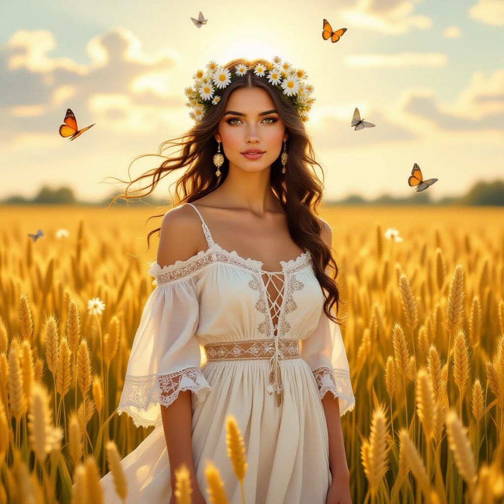 Slavic Love Goddess Lelya in Golden Wheat Field