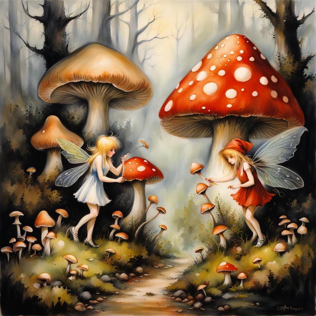 Fairies Picking Mushrooms in Gammell Style