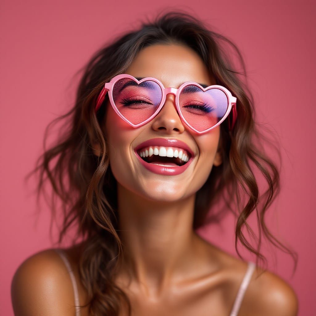 Laughing Woman with Pink Sparkles and Heart Glasses