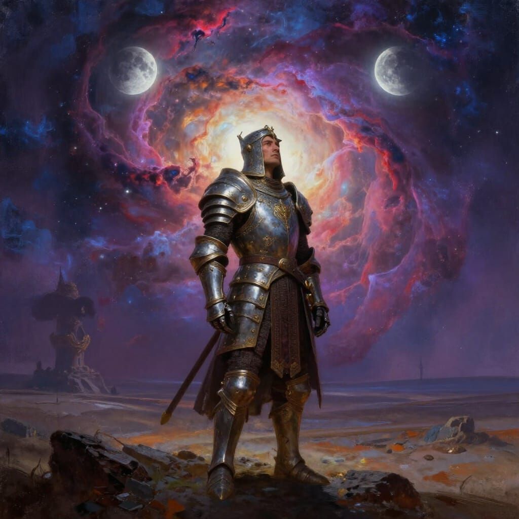 Weary King Surveys Alien World Under Nebulae Sky