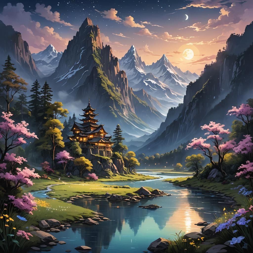 Mountain with glowing river, in the style of Alfonse Mucha, magical creatures, fireflies, moonlit flowers, highres, fant...