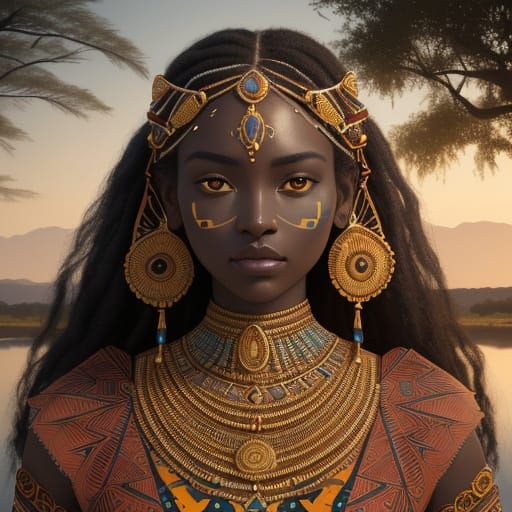 Serenity in Tribal Beauty, Set Against Golden African Sunset