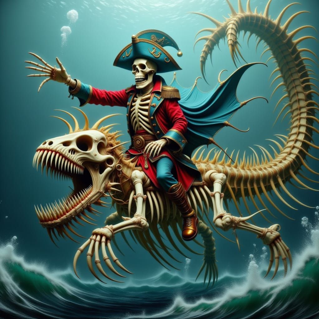 Pirate Skeleton Rides Stormy Sea Serpent