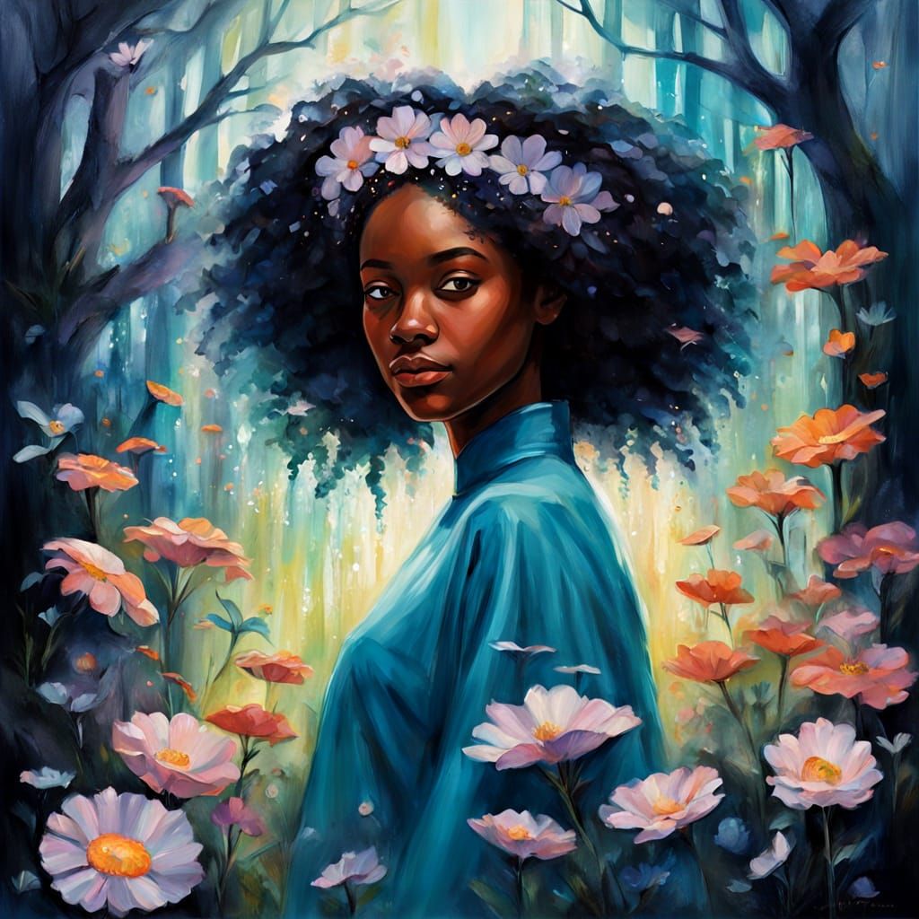 Joyful Girl with Bioluminescent Flower Crown in Stardust Gro...