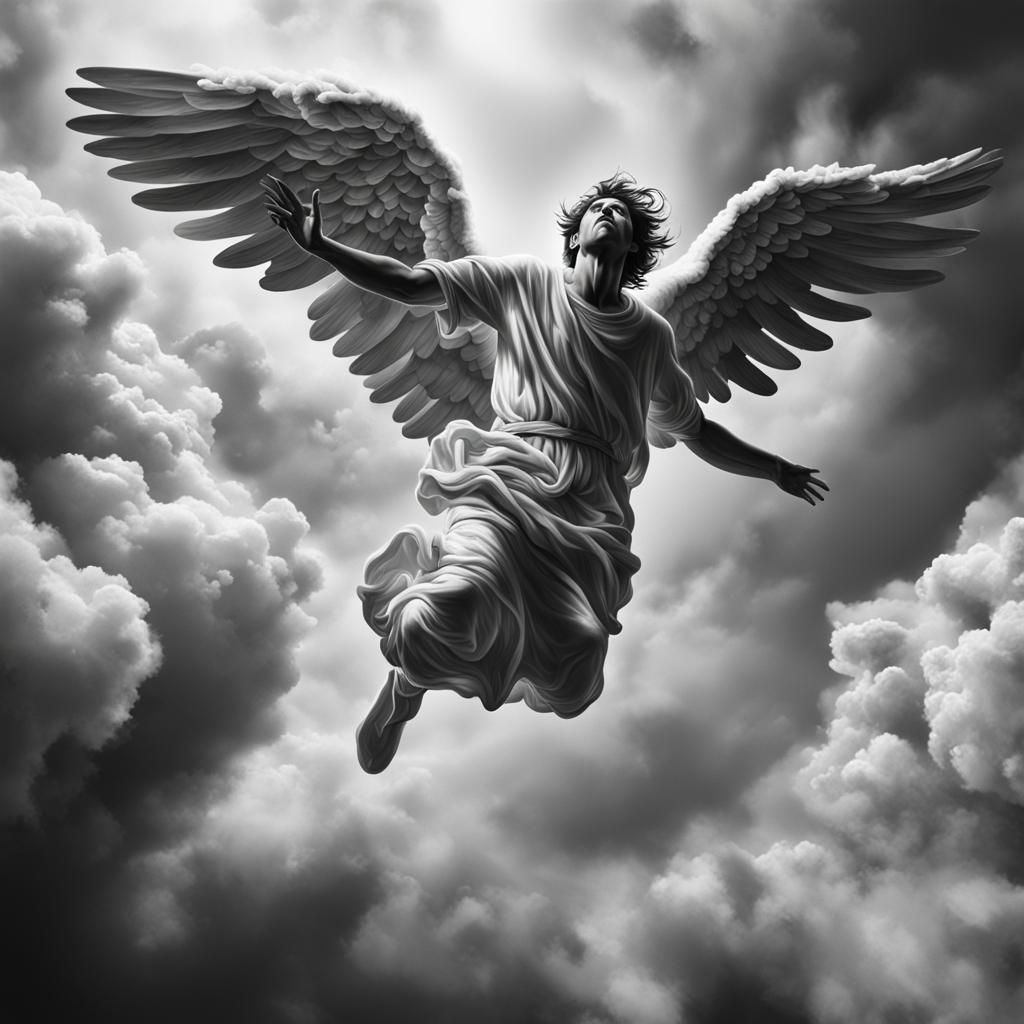 Dramatic Angel Falling from Clouds in Black and White