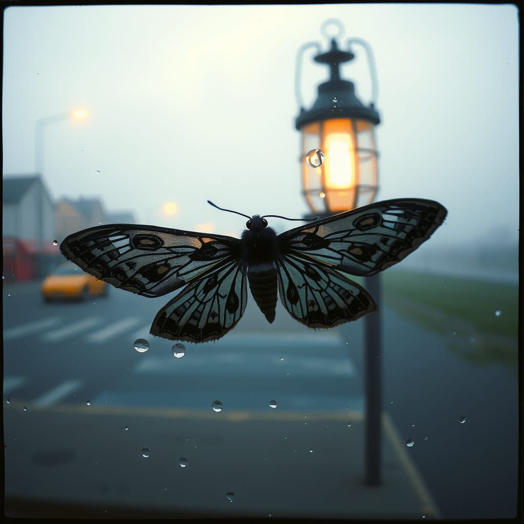 Exquisite Lace-Winged Moth on Misty Windowpane