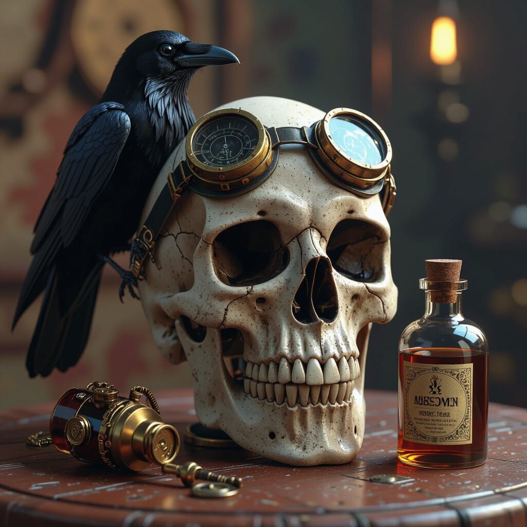 Steampunk Skull with Raven and Poison Bottle