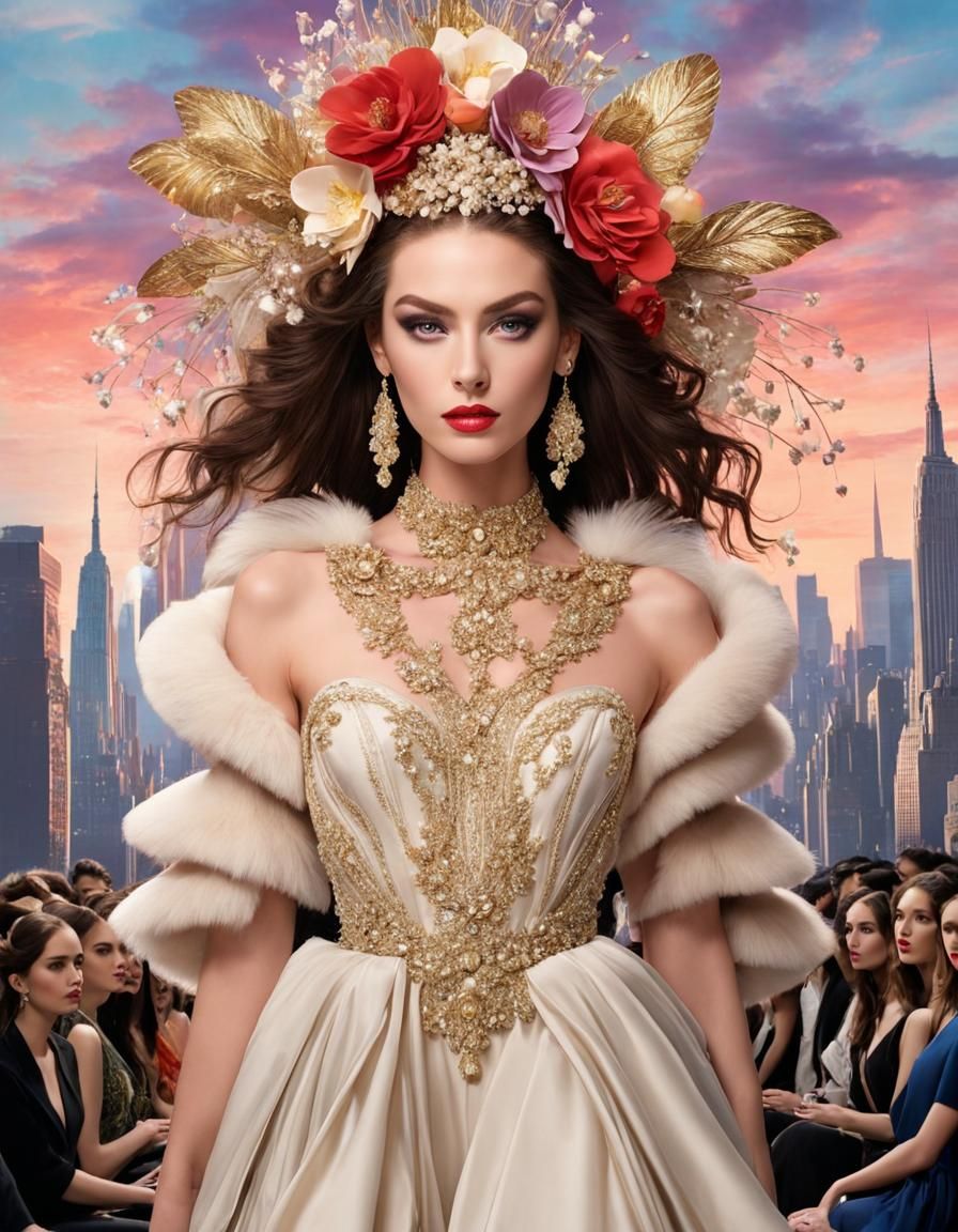 A runway fashion show with several beautiful couture fashion...