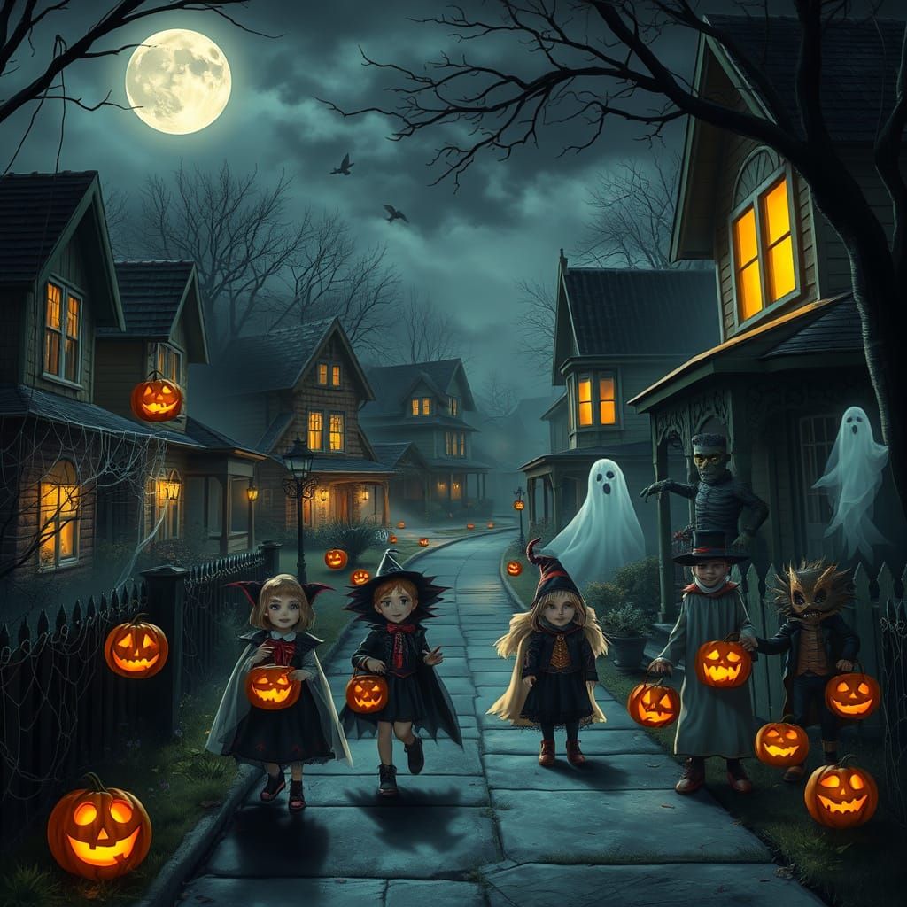 A suburban street on Halloween night, houses adorned with co...