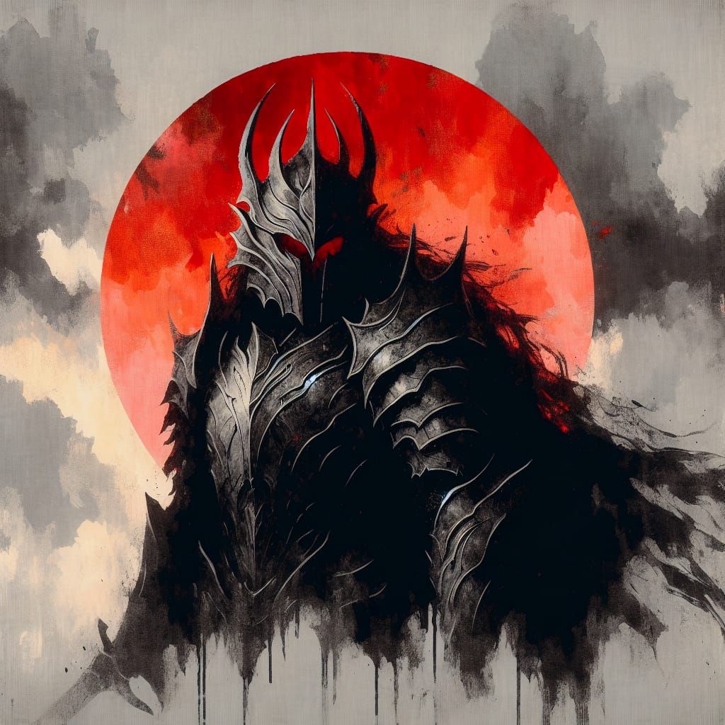 Armored Warrior Silhouette Against Dramatic Sunset as Oil Pa...