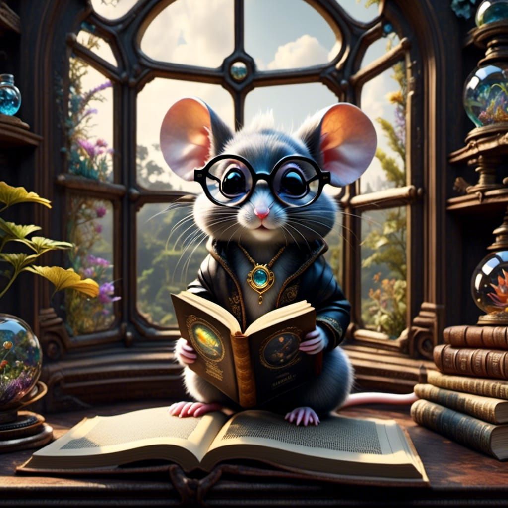 Mouse Reading Book in Bay Window, Digital Art