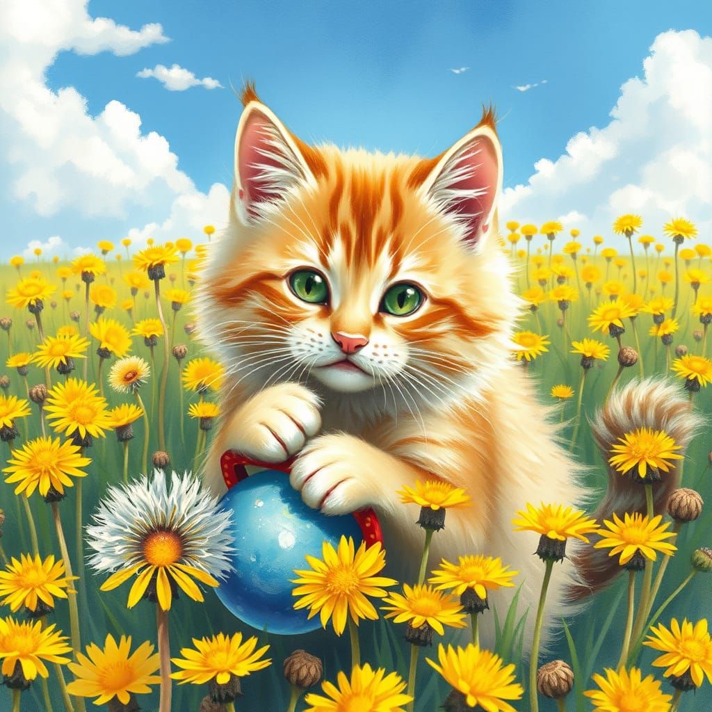 Whimsical Cat Plays with Toy in Dandelion Field, Impressioni...
