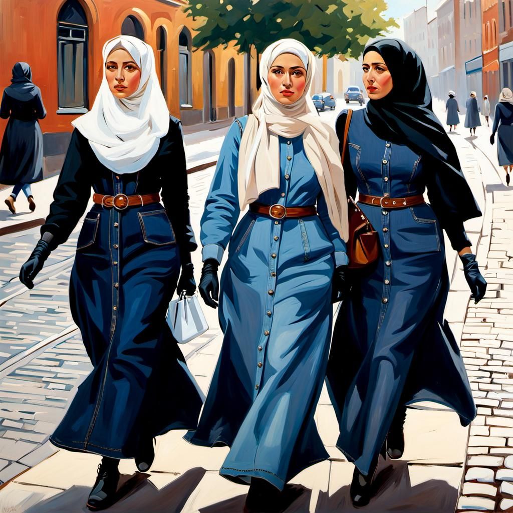 Danish Women in Denim Gowns, Oil Painting
