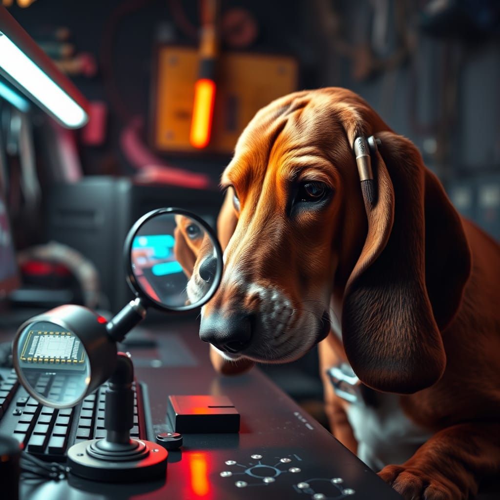 Cyberpunk Basset Hound Inspects Glowing Data Chip