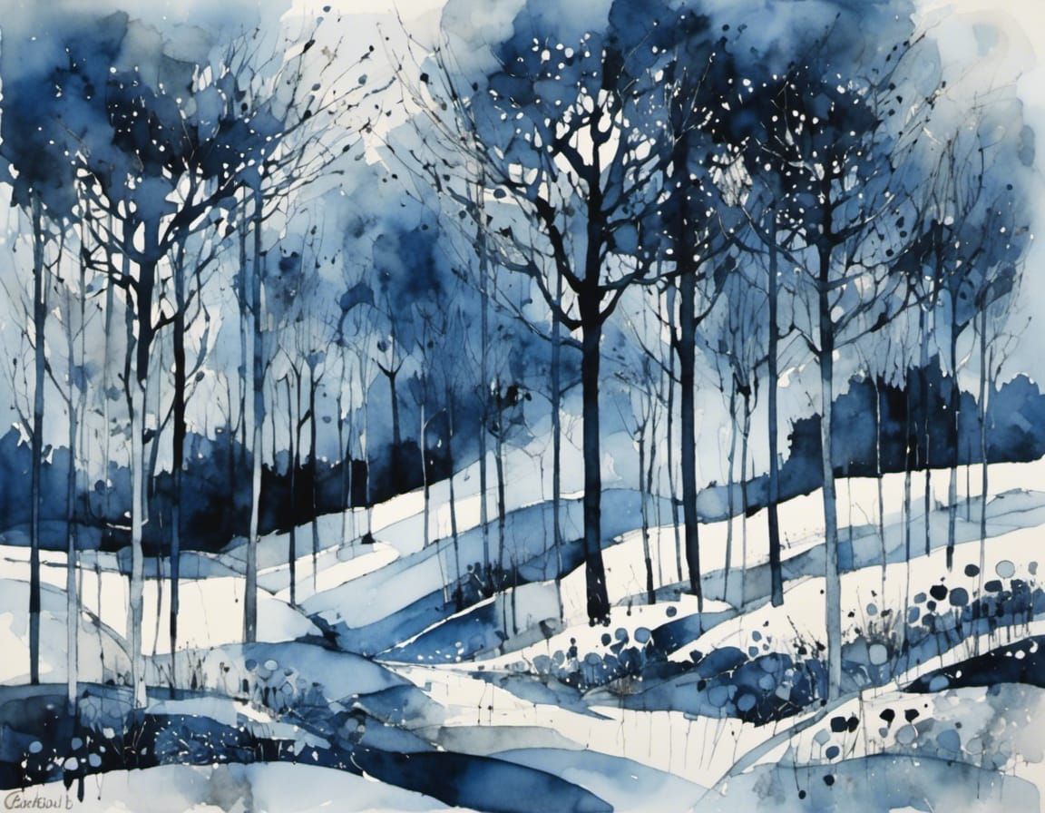 abstract winter in dark blues, grays with lavender : waterco...